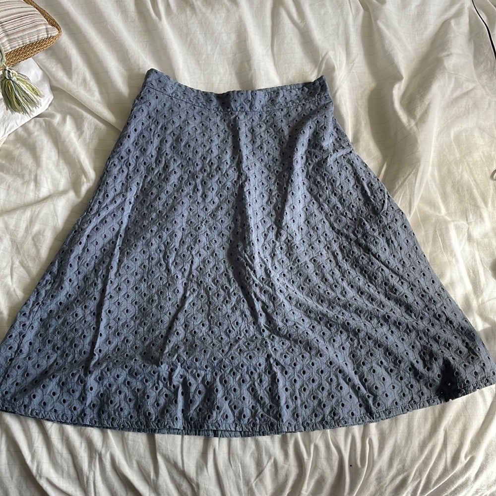 Loft Eyelet Blue Midi Skirt Cotton High Waist Size 6